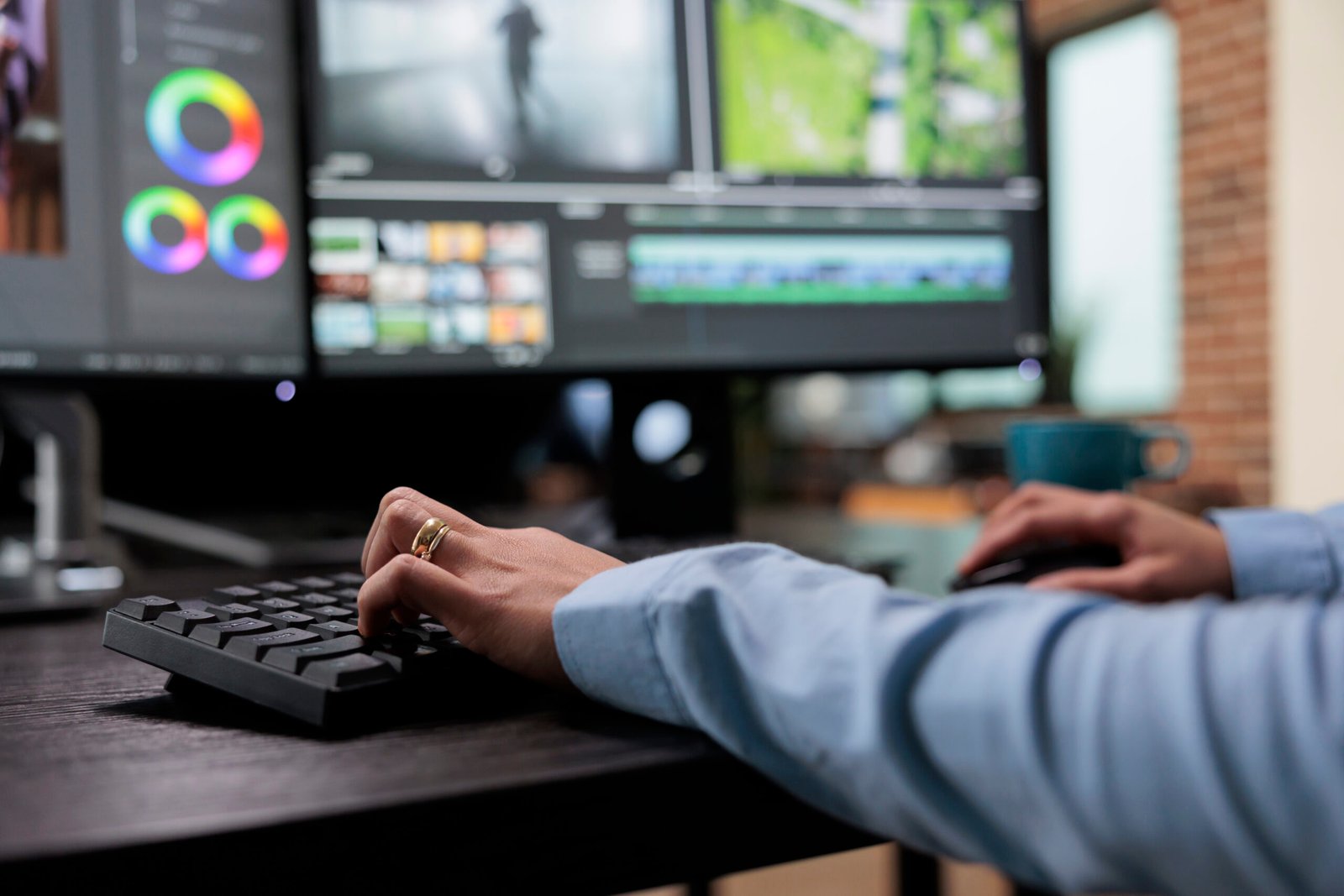 close up shot of digital video editor sitting at multi monitor workstation desk while working on movie footage.