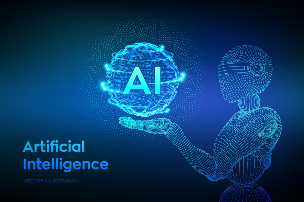ai. artificial intelligence. wireframe robot. ai in robotic hand. machine learning and cyber mind domination concept. technology sci fi concept. graphic design concept of future. vector illustration.